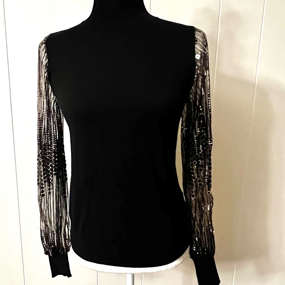 Tahari black sweater with  gold circular sequins on sheer sleeves small NWT - Picture 4 of 10